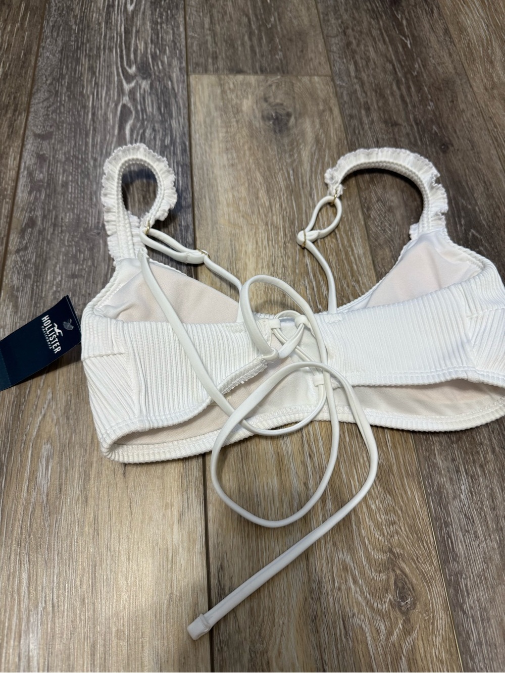 Hollister White Ribbed Swim Top with Ruffle Straps - Picture 2 of 3